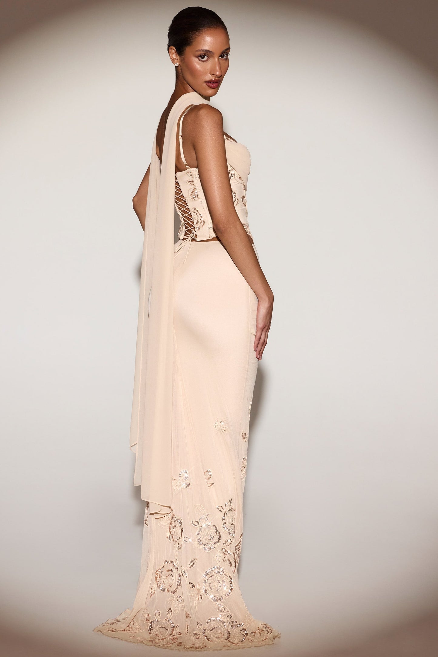 Embellished Draped Mid-Rise Maxi Skirt in Gold