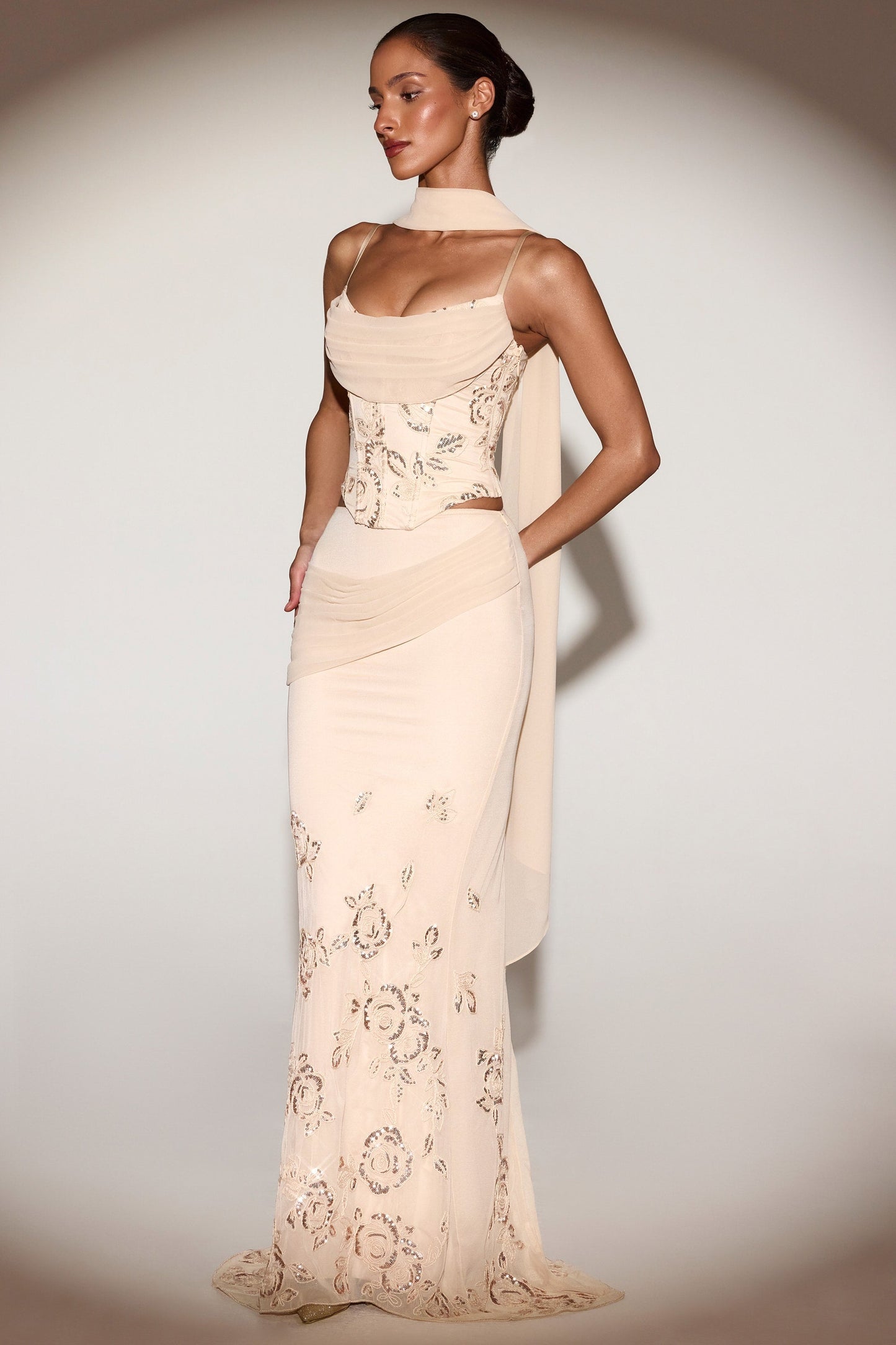 Embellished Draped Mid-Rise Maxi Skirt in Gold