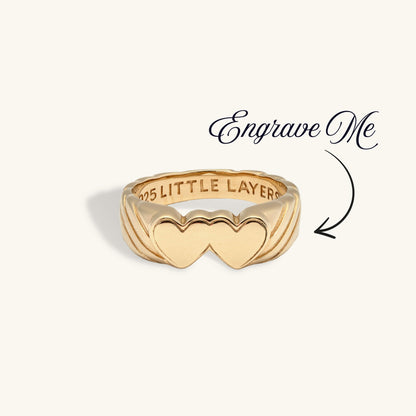 Gold Double Heart Signet Engravable Ring