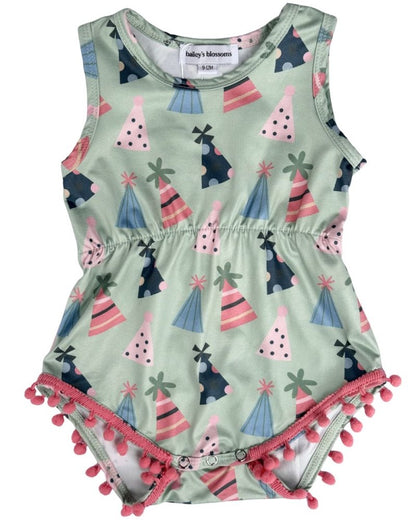 Dillon Pom Pom Romper - Party Hats