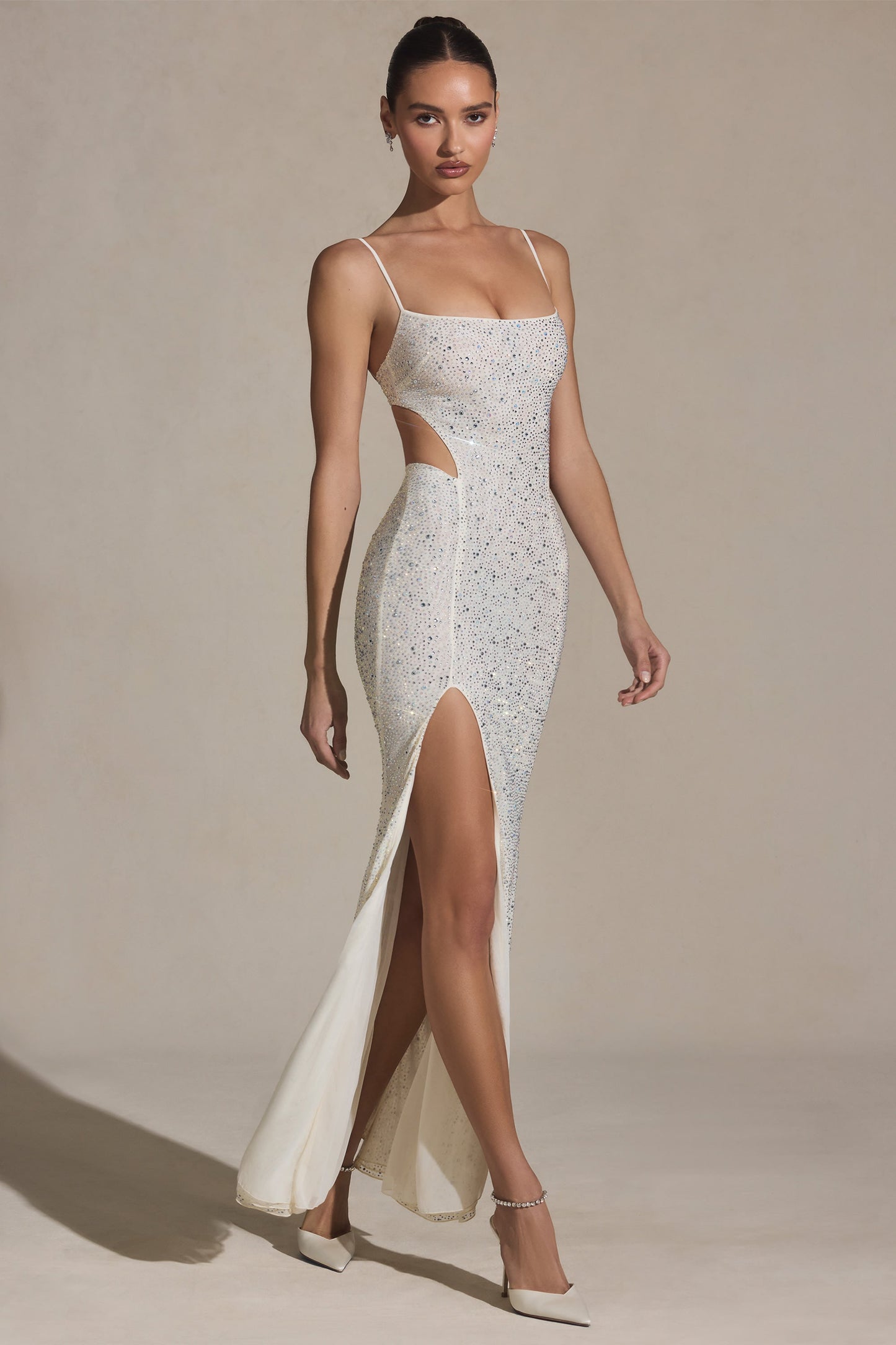 Embellished Cut-Out Fishtail Maxi Dress in White